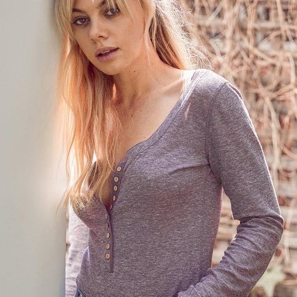 Free People Dylan Thermal Henley Bodysuit Ribbed Knit Dark Gray Long Sleeve - Picture 7 of 12